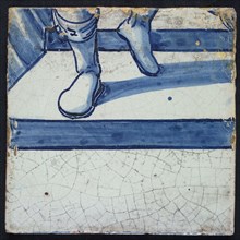 Tile of tiled panel, blue, white ground, parts of two consecutive biblical scenes, 3-6 men behind curtain, soldier and child