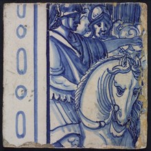 Tile of tile picture in blue on white ground, part of two consecutive biblical scenes, Roman soldiers on horseback, part left