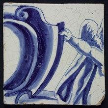 Tile of tableau in blue on white ground with repetitive pattern of frontal angels, amors, between cartouches, tile picture