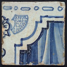 Tile of tile panel blue, white ground, parts of two consecutive biblical scenes, upper edge of men behind curtain, and helmet