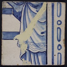 Tile of tile panel blue, white ground, parts of two consecutive biblical scenes, curtain section, tile picture footage fragment