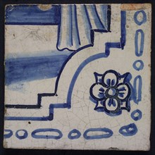 Tile of tile panel blue, white ground, parts of two consecutive biblical scenes, right corner of staircase and soldier