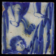 Tile of tableau in blue on white ground with repeating pattern of angels hanging on garlands, lianas, tile picture footage