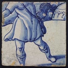 Tile of tile picture blue, white ground, two consecutive biblical scenes, part battle with Roman soldiers, lower body man