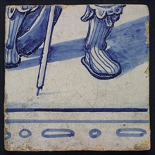 Tile of tile picture blue, white ground, two consecutive biblical scenes, part battle with Roman soldiers, lower body man