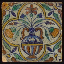 Polychrome flowerpot, corner motif, wing, wall tile tile sculpture ceramics pottery glaze, baked 2x glazed painted Yellow