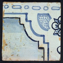 Corner tile of tile panel blue, white ground, two consecutive biblical scenes, with floral pattern and part floor or sky, tile