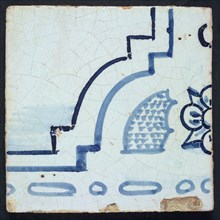Intermediate tile of tile panel blue, white ground, two consecutive biblical scenes, with floral pattern and part floor or air