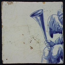 Tile of tableau in blue on white ground with pattern of frontal angels, on tile part of angel with horn in raised hand, tile