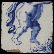 Tile of tableau in blue on white ground with pattern of angels and flowers, on tile lower body of angel with sash, peony