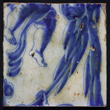 Tile of tableau in blue on white ground with repeating pattern of two angels hanging on garlands, lianas, tile picture footage