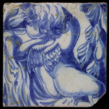Tile of tableau in blue on white ground with pattern of angels and leaves, on this tile to see back of turned angel