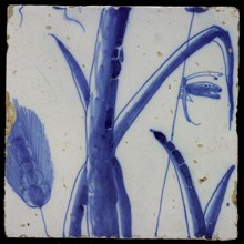Blue tile of chimney pilaster: leaf, dragonfly, grain, tile pilaster footage fragment ceramic pottery glaze, Three blue tiles
