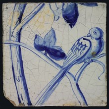 Blue tile of pilaster of 39 tiles: trunk and bird on stem, tile pilaster footage fragment ceramics pottery glaze, Four blue