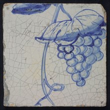 Blue tile with bunch of grapes and leaves, of pilaster with 39 tiles, tile pilaster footage fragment ceramics pottery glaze, Two