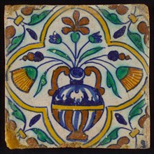 Polychrome flowerpot, corner motif, wing, wall tile tile sculpture ceramics pottery glaze, baked 2x glazed painted Yellow