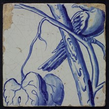 Blue tile, bird with twisted head on branch, part of pilaster with 39 tiles, tree of bunches of grapes between which birds