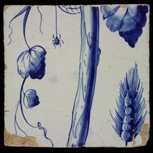 Blue tile with stem, leaves, spider, web and ear of corn, fifth tile of chimney pilaster with 13 tiles, tree of bunches