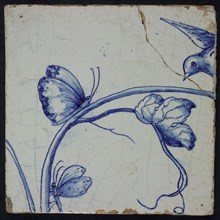 Blue tile with vine and bird in flight and butterfly, of chimney pilaster with 39 tiles, tile pilaster footage fragment ceramics