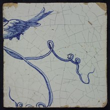 Blue tile with vine and bird in flight, from chimney pilaster with 39 tiles, tile pilaster footage fragment ceramic pottery