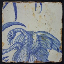 Blue tile with dotted variation on mating swans, of chimney pilaster with 39 tiles, mating swans, ear of corn, leaf, butterfly