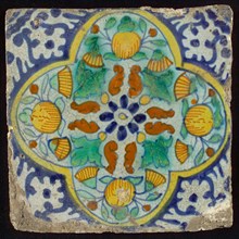 Ornament tile, centrally rosette above which orange-pineapples and marigolds, four-sided frame, corner motif, wall tile