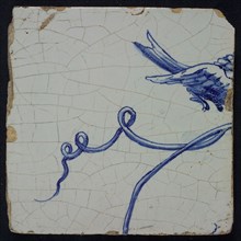 Blue tile with vine and bird in flight, of chimney pilaster with 39 tiles, tile pilaster footage fragment ceramic pottery glaze