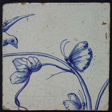 Blue tile with vine and bird in flight and butterfly, of chimney pilaster with 39 tiles, tile pilaster footage fragment ceramic