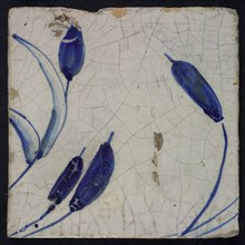 Blue tile with variation on ears of corn, from chimney pilaster with 39 tiles, mating swans, ear of corn, leaf, butterfly