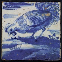 Blue tile with rooster of chimney pilaster, tile pilaster footage fragment ceramic pottery glaze, Two blue tiles with rooster