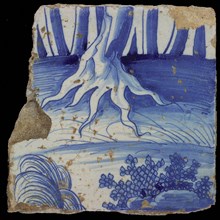 Blue tile with tail of rooster and plant stalks, chimney pilaster of 13 tiles, tree of bunches of grapes