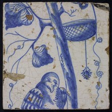 Blue tile of chimney pilaster with 13 tiles, head of the bird of prey plus trunk and spin on spiderweb that is connected