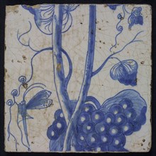 Blue tile of chimney pilaster with 13 tiles, grape leaves, bunch of grapes, hanging dragonfly and stem, chimney pilaster tile