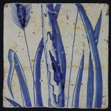 Blue tile with stems and ear of corn left, possibly belonging to chimney pilaster with 13 tiles, tree of bunches of grapes