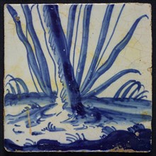 Blue tile with roots of plant stems, earth and stalks of ears of corn, possible foot of chimney pilaster of 13 tiles with tree