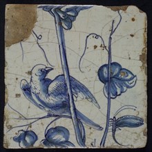 Blue tile with looking bird to dragonfly, on grape leaf of chimney pilaster with 13 tiles, tile pilaster footage fragment earth