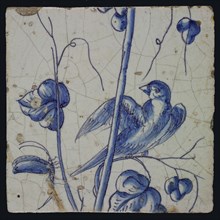 Blue tile with looking bird to dragonfly, on grape leaf of chimney pilaster with 13 tiles, tile pilaster footage fragment earth
