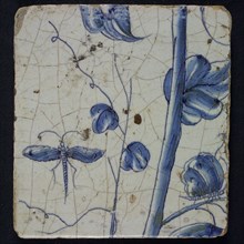 Blue tile of chimney pilaster with 13 tiles, grape branch with flying dragonfly and sitting butterfly, chimney pilaster tile