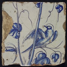 Blue tile of chimney pilaster with 13 tiles, left looking bird on grape branch and dragonfly, chimney pilaster tile pilaster
