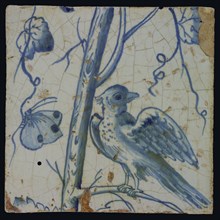 Blue tile with bird on grape leaf, butterfly, chimney pilaster with 13 tiles, tree of bunches of grapes with birds, grain