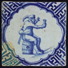 I S, Tile, blue on white, inside scalloped frame man sitting on barrel, cup lifting, corner motif meanders, Wanli, wall tile
