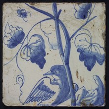 Blue tile with bird facing left on grape leaf, flying beetle, chimney pilaster with 13 tiles, tree of bunches of grapes