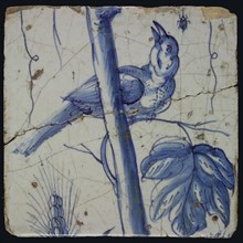 Blue tile with bird looking upwards on grape leaf, spider hanging on spiderweb, ear of corn, of pilaster with 13 tiles, tree