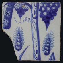 Blue tile with tail of peacock on grape leaf, two ears of corn and bunch of grapes, of chimney pilaster with 13 tiles, tree
