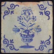 BC, Flower tile, flowerpot in blue on white, corner motif large ox head, wall tile tile sculpture ceramics pottery glaze, baked