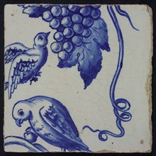Blue tile of pilaster with 39 tiles, piece of bunch of grapes and two birds, tile pilaster footage fragment ceramics pottery