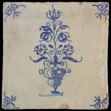 Flower tile, flowerpot in blue on white, corner motif of ox's head, wall tile tile sculpture ceramic earthenware glaze, baked 2x