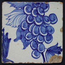 Blue tile with grape leaves, grape bunch and tendrils of pilaster with 39 tiles, tree of bunches of grapes among which birds