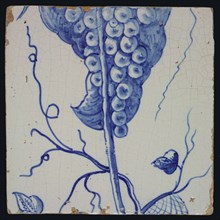 Blue grape stems with stem, spiderweb, leaves and tendrils belonging to chimney pilaster with 13 tiles, tree of bunches of
