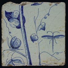 Hazy blue tile on light blue with stem, dragonfly and butterfly, leaves and tendrils belonging to chimney pilaster with 13 tiles
